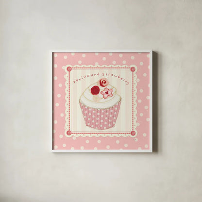Lil Cupcakes Pink I by Pela Studio. Shown in a crisp white glass frame for a clean and minimalist style. Available as an archival giclee rolled canvas, fine art paper, or poster print. SKU 100983a.