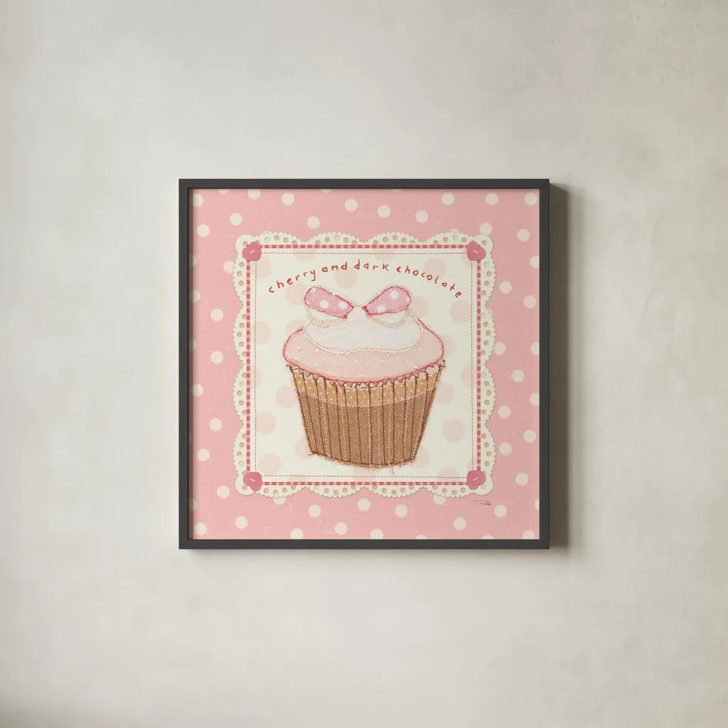 Lil Cupcakes Pink II by Pela Studio. Shown in a sleek black glass frame for a contemporary gallery look. Available as an archival giclee rolled canvas, fine art paper, or poster print. SKU 100984a.