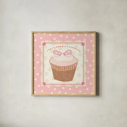 Lil Cupcakes Pink II by Pela Studio. Shown in a natural wood glass frame for a timeless modern aesthetic. Available as an archival giclee rolled canvas, fine art paper, or poster print. SKU 100984a.