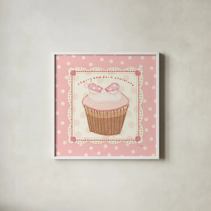Lil Cupcakes Pink II by Pela Studio. Shown in a crisp white glass frame for a clean and minimalist style. Available as an archival giclee rolled canvas, fine art paper, or poster print. SKU 100984a.