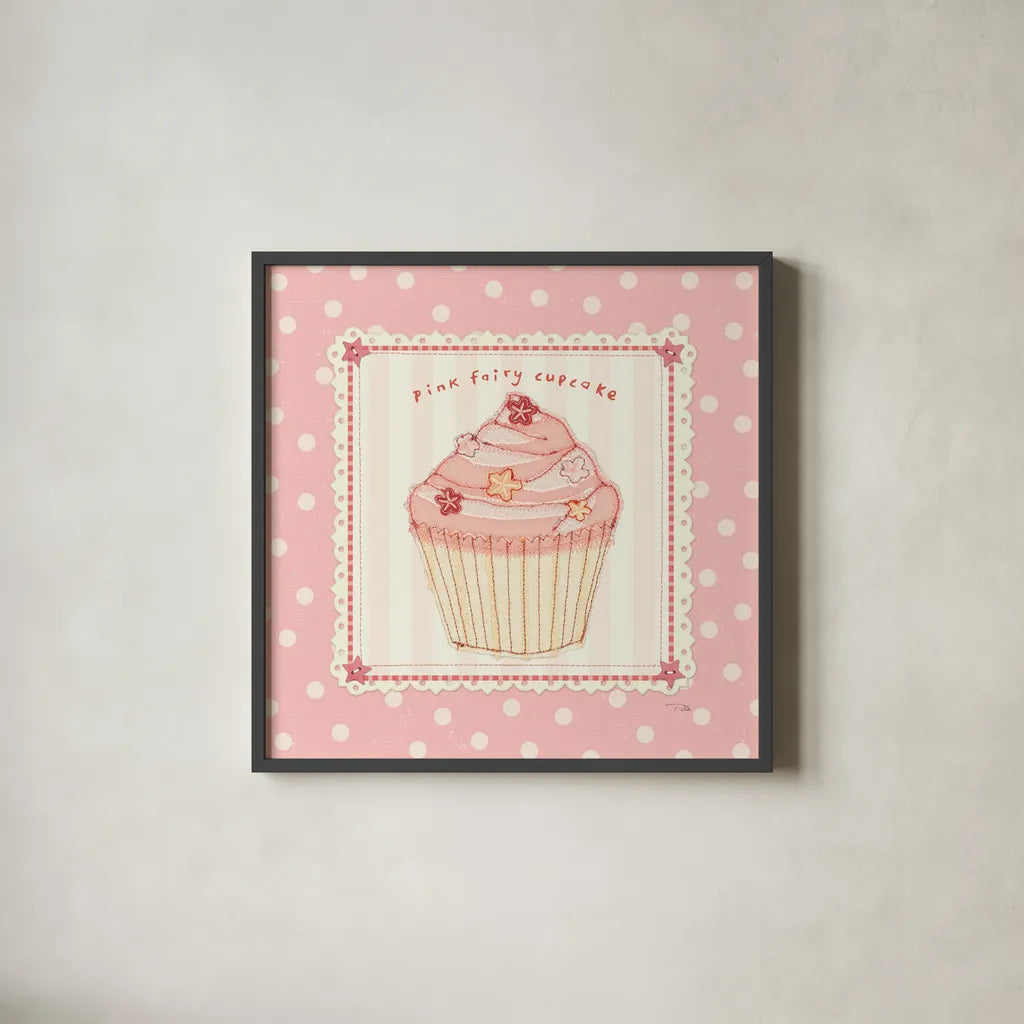Lil Cupcakes Pink III by Pela Studio. Shown in a sleek black glass frame for a contemporary gallery look. Available as an archival giclee rolled canvas, fine art paper, or poster print. SKU 100985a.