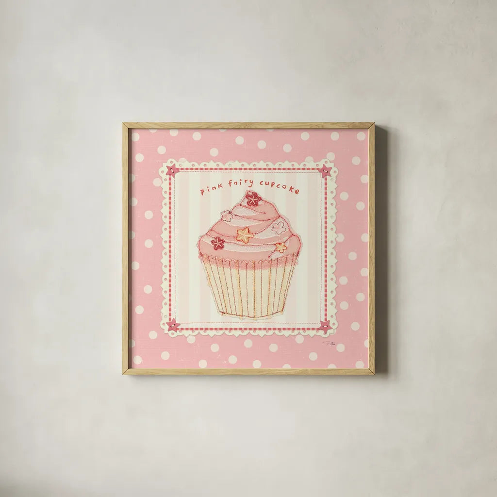 Lil Cupcakes Pink III by Pela Studio. Shown in a natural wood glass frame for a timeless modern aesthetic. Available as an archival giclee rolled canvas, fine art paper, or poster print. SKU 100985a.