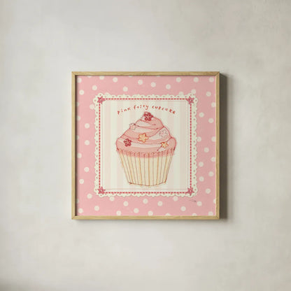Lil Cupcakes Pink III by Pela Studio. Shown in a natural wood glass frame for a timeless modern aesthetic. Available as an archival giclee rolled canvas, fine art paper, or poster print. SKU 100985a.