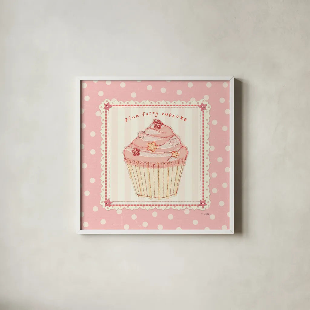 Lil Cupcakes Pink III by Pela Studio. Shown in a crisp white glass frame for a clean and minimalist style. Available as an archival giclee rolled canvas, fine art paper, or poster print. SKU 100985a.