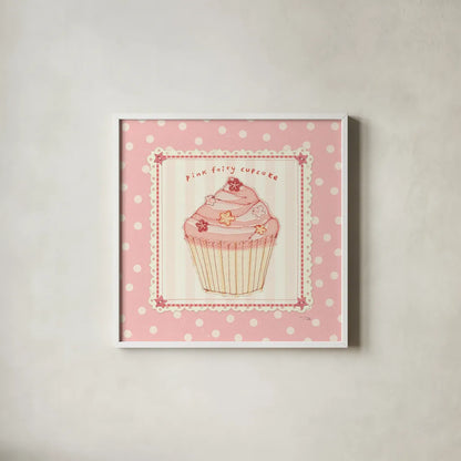 Lil Cupcakes Pink III by Pela Studio. Shown in a crisp white glass frame for a clean and minimalist style. Available as an archival giclee rolled canvas, fine art paper, or poster print. SKU 100985a.