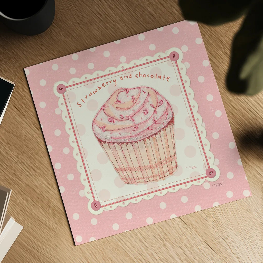 Lil Cupcakes Pink IV by Pela Studio. Shown as a detailed flat fine art print, highlighting archival giclee quality. Available as an archival giclee rolled canvas, fine art paper, or poster print. SKU 100986a.