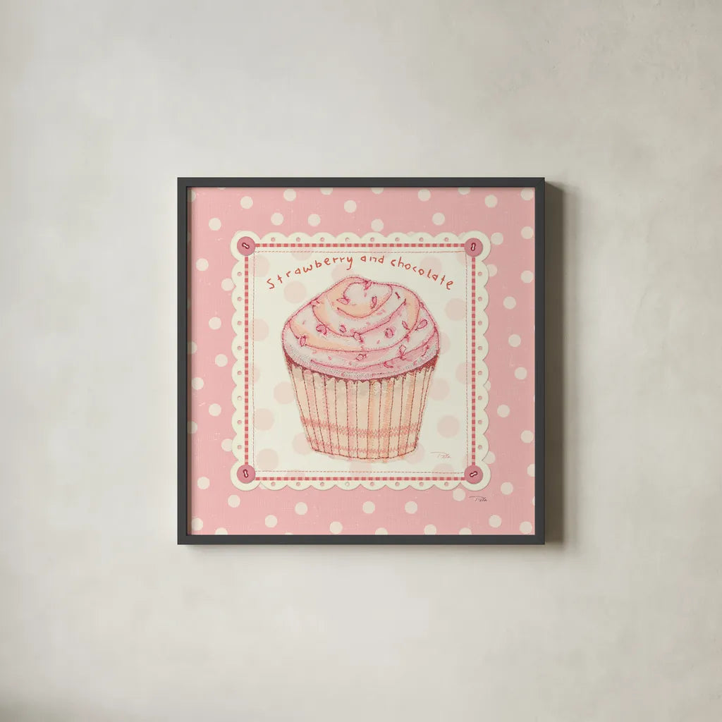Lil Cupcakes Pink IV by Pela Studio. Shown in a sleek black glass frame for a contemporary gallery look. Available as an archival giclee rolled canvas, fine art paper, or poster print. SKU 100986a.