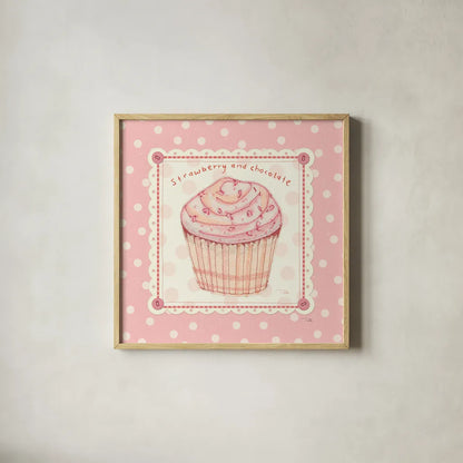 Lil Cupcakes Pink IV by Pela Studio. Shown in a natural wood glass frame for a timeless modern aesthetic. Available as an archival giclee rolled canvas, fine art paper, or poster print. SKU 100986a.
