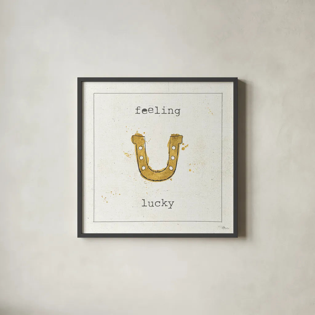 Lil Memos Feeling Lucky by Pela Studio. Shown in a sleek black glass frame for a contemporary gallery look. Available as an archival giclee rolled canvas, fine art paper, or poster print. SKU 28479a.