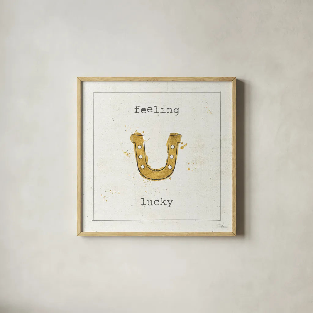 Lil Memos Feeling Lucky by Pela Studio. Shown in a natural wood glass frame for a timeless modern aesthetic. Available as an archival giclee rolled canvas, fine art paper, or poster print. SKU 28479a.