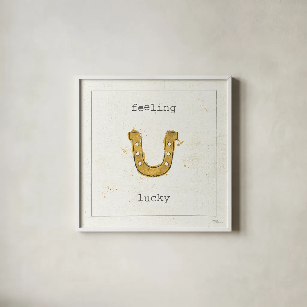 Lil Memos Feeling Lucky by Pela Studio. Shown in a crisp white glass frame for a clean and minimalist style. Available as an archival giclee rolled canvas, fine art paper, or poster print. SKU 28479a.