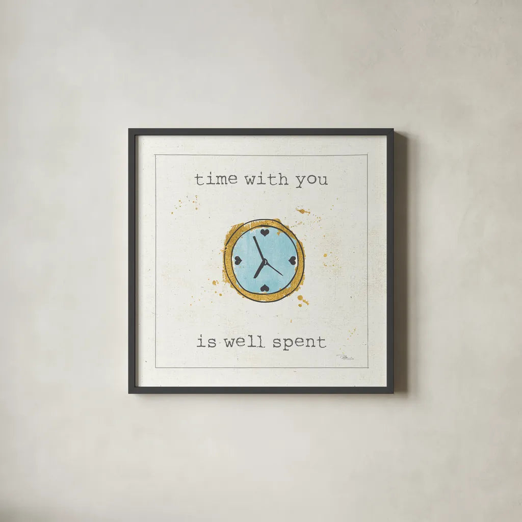 Love Notes X Turquoise Clock by Pela Studio. Shown in a sleek black glass frame for a contemporary gallery look. Available as an archival giclee rolled canvas, fine art paper, or poster print. SKU 41690a.