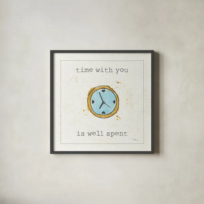 Love Notes X Turquoise Clock by Pela Studio. Shown in a sleek black glass frame for a contemporary gallery look. Available as an archival giclee rolled canvas, fine art paper, or poster print. SKU 41690a.