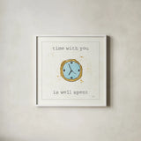 Love Notes X Turquoise Clock by Pela Studio. Shown in a crisp white glass frame for a clean and minimalist style. Available as an archival giclee rolled canvas, fine art paper, or poster print. SKU 41690a.