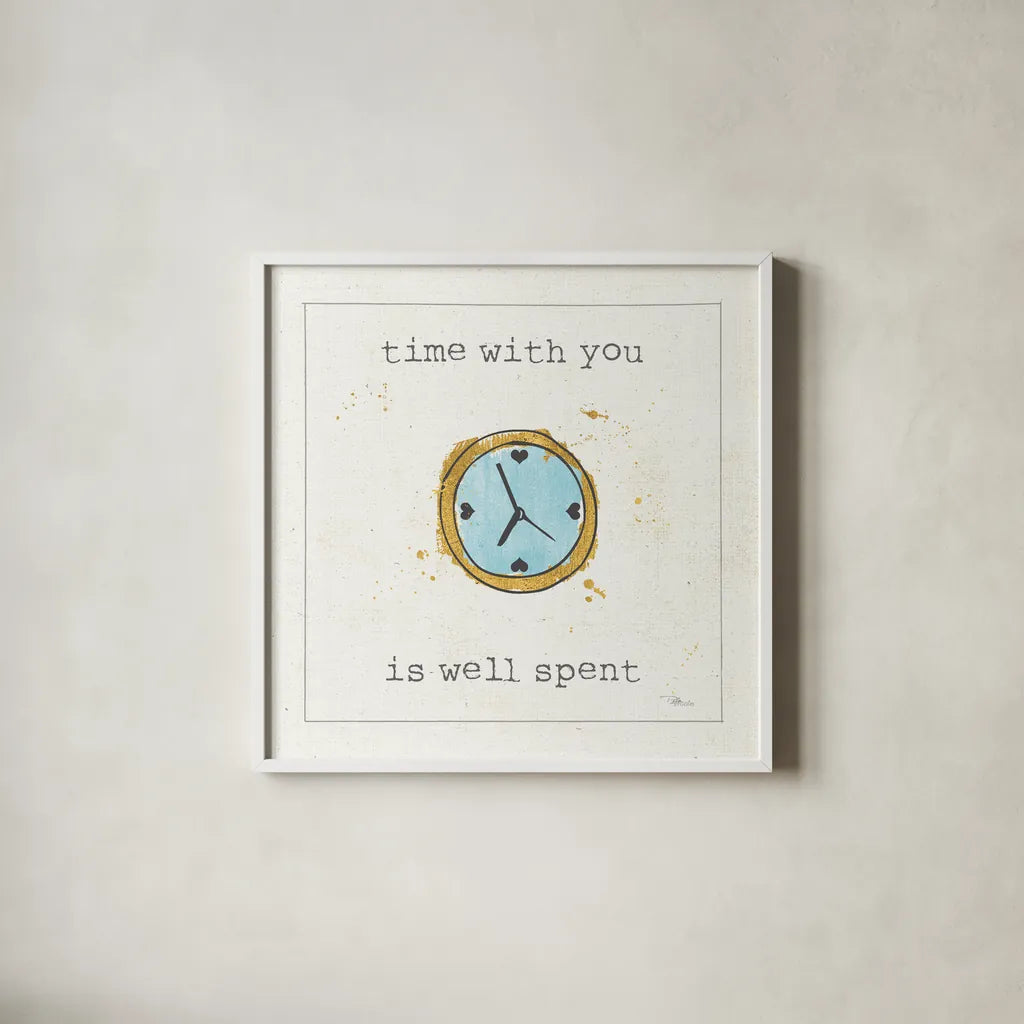 Love Notes X Turquoise Clock by Pela Studio. Shown in a crisp white glass frame for a clean and minimalist style. Available as an archival giclee rolled canvas, fine art paper, or poster print. SKU 41690a.