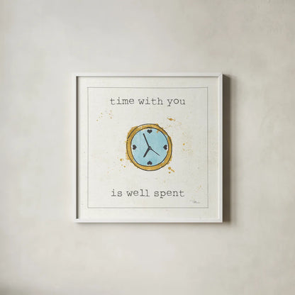 Love Notes X Turquoise Clock by Pela Studio. Shown in a crisp white glass frame for a clean and minimalist style. Available as an archival giclee rolled canvas, fine art paper, or poster print. SKU 41690a.