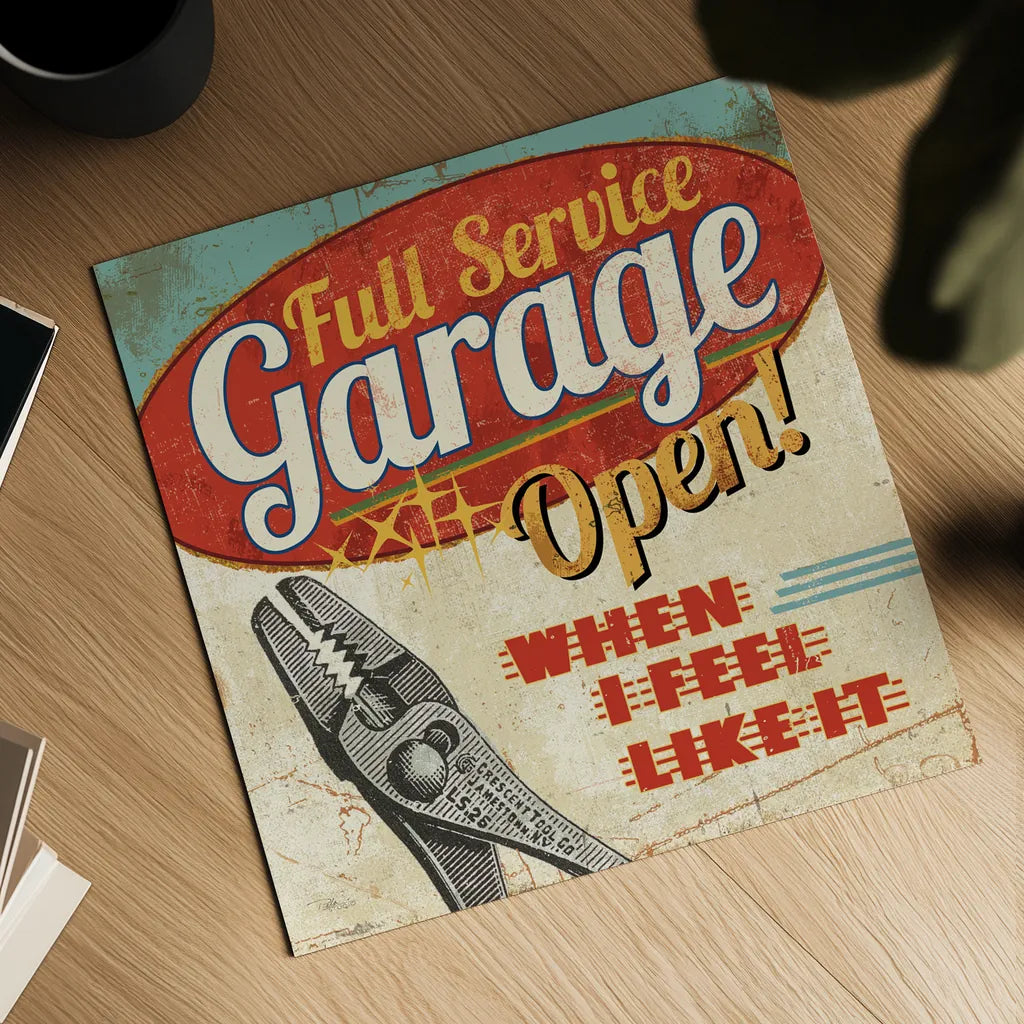Mancave I - Full Service Garage by Pela Studio. Shown as a detailed flat fine art print, highlighting archival giclee quality. Available as an archival giclee rolled canvas, fine art paper, or poster print. SKU 10311a.