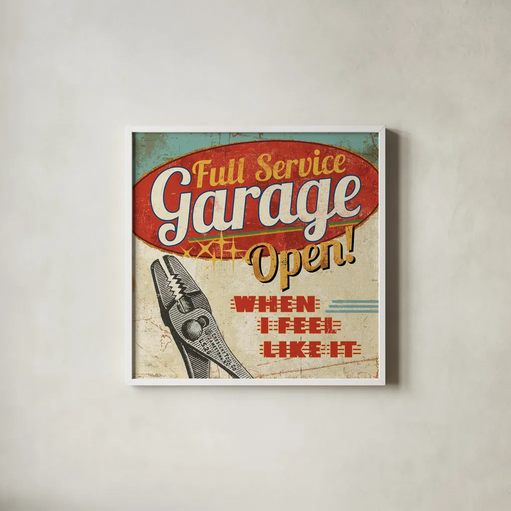 Mancave I - Full Service Garage by Pela Studio. Shown in a crisp white glass frame for a clean and minimalist style. Available as an archival giclee rolled canvas, fine art paper, or poster print. SKU 10311a.