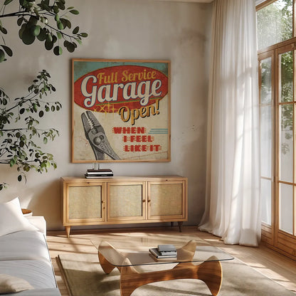 Mancave I - Full Service Garage by Pela Studio. Shown in a natural wood frame in a cozy modern living room. Available as an archival giclee rolled canvas, fine art paper, or poster print. SKU 10311a.