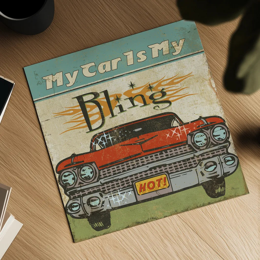 Mancave II - My Car is My Bling by Pela Studio. Shown as a detailed flat fine art print, highlighting archival giclee quality. Available as an archival giclee rolled canvas, fine art paper, or poster print. SKU 10312a.