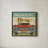 Mancave II - My Car is My Bling by Pela Studio. Shown in a sleek black glass frame for a contemporary gallery look. Available as an archival giclee rolled canvas, fine art paper, or poster print. SKU 10312a.