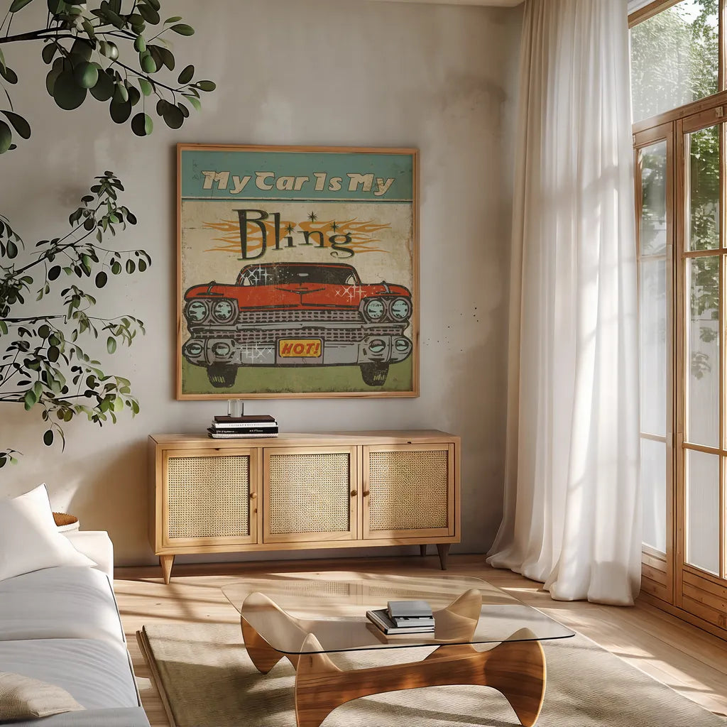 Mancave II - My Car is My Bling by Pela Studio. Shown in a natural wood frame in a cozy modern living room. Available as an archival giclee rolled canvas, fine art paper, or poster print. SKU 10312a.