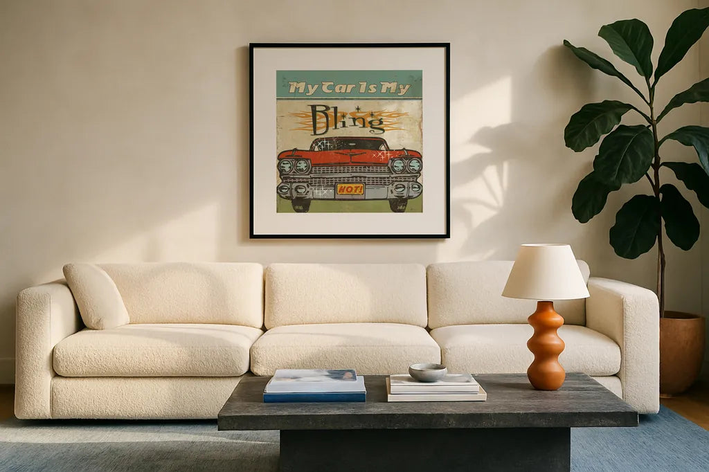 Mancave II - My Car is My Bling by Pela Studio. Displayed in a glass frame with matte in a clean modern living room. Available as an archival giclee rolled canvas, fine art paper, or poster print. SKU 10312a.