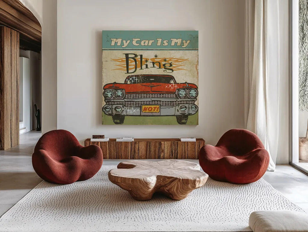 Mancave II - My Car is My Bling by Pela Studio. Shown as extra-large giant wall art in a modern living room. Available as an archival giclee rolled canvas, fine art paper, or poster print. SKU 10312a.
