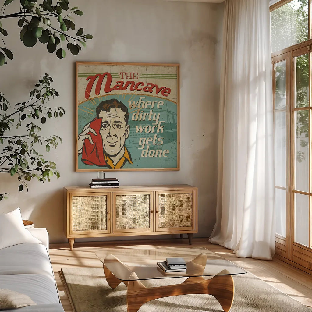 Mancave III - Where Dirty Work Gets Done by Pela Studio. Shown in a natural wood frame in a cozy modern living room. Available as an archival giclee rolled canvas, fine art paper, or poster print. SKU 10313a.