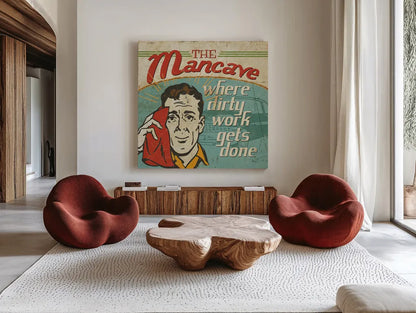 Mancave III - Where Dirty Work Gets Done by Pela Studio. Shown as extra-large giant wall art in a modern living room. Available as an archival giclee rolled canvas, fine art paper, or poster print. SKU 10313a.