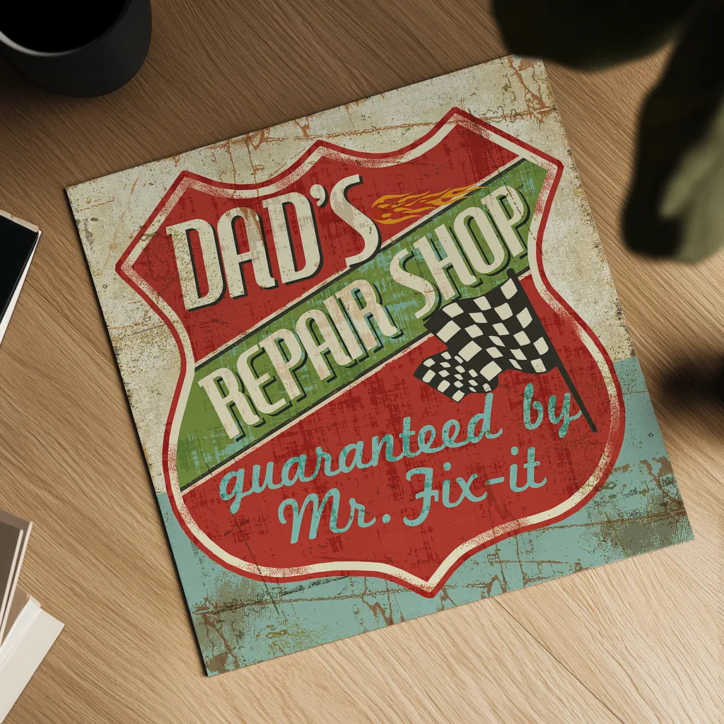 Mancave IV -  Dads Repair Shop by Pela Studio. Shown as a detailed flat fine art print, highlighting archival giclee quality. Available as an archival giclee rolled canvas, fine art paper, or poster print. SKU 10314a.