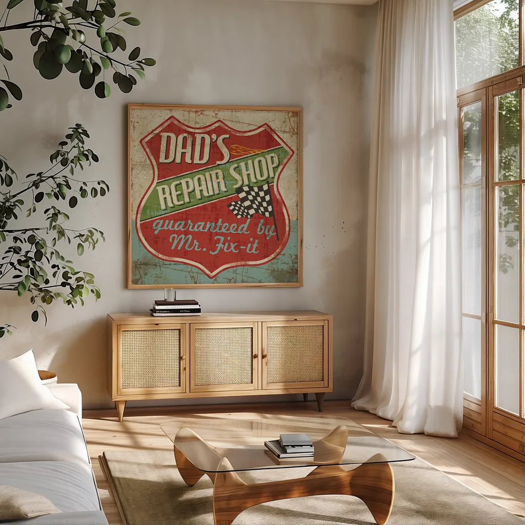 Mancave IV -  Dads Repair Shop by Pela Studio. Shown in a natural wood frame in a cozy modern living room. Available as an archival giclee rolled canvas, fine art paper, or poster print. SKU 10314a.