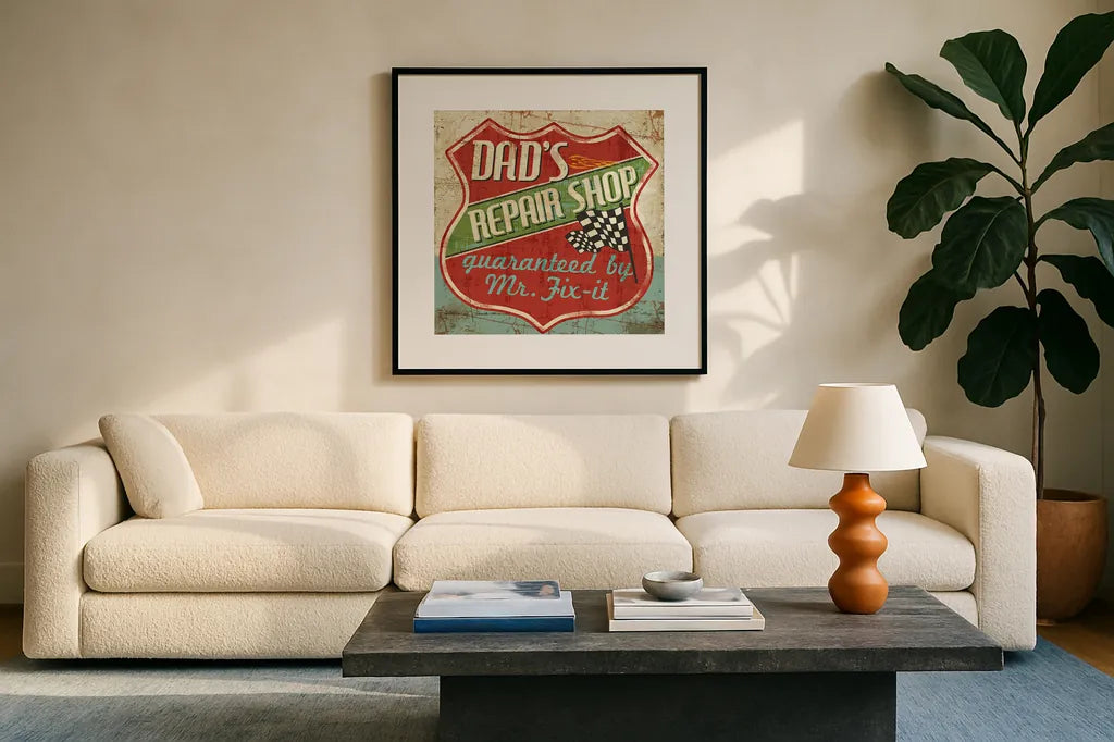 Mancave IV -  Dads Repair Shop by Pela Studio. Displayed in a glass frame with matte in a clean modern living room. Available as an archival giclee rolled canvas, fine art paper, or poster print. SKU 10314a.