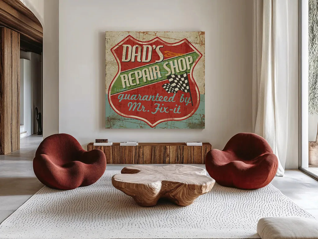Mancave IV -  Dads Repair Shop by Pela Studio. Shown as extra-large giant wall art in a modern living room. Available as an archival giclee rolled canvas, fine art paper, or poster print. SKU 10314a.