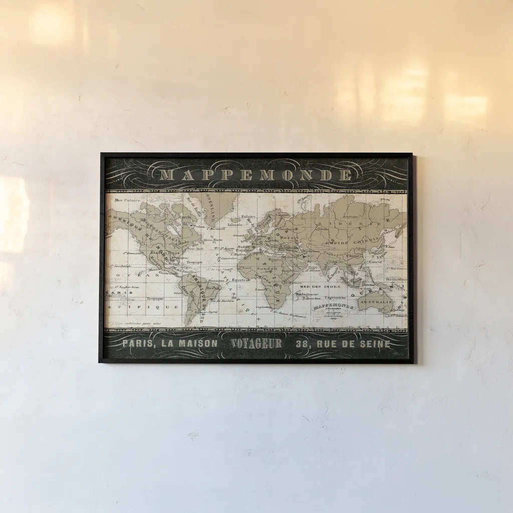 Mappemonde by Pela Studio. shown as a paper print in a black flame. Available as a archival giclee rolled canvas, fine art paper, or poster print. SKU 8315i.