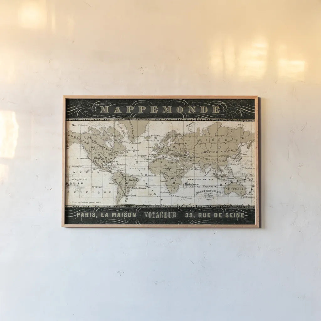 Mappemonde by Pela Studio. shown as a paper print in a natural frame. Available as a archival giclee rolled canvas, fine art paper, or poster print. SKU 8315i.