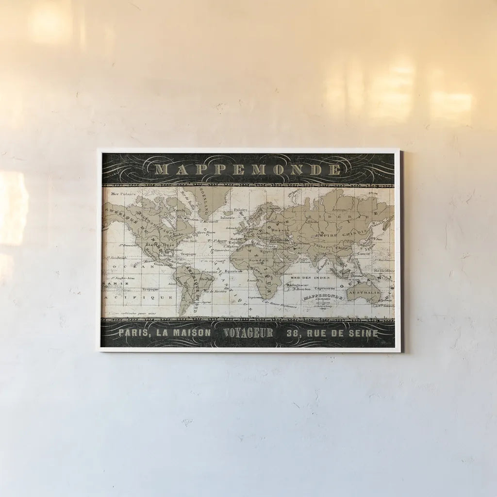 Mappemonde by Pela Studio. shown as a paper print in a white frame. Available as a archival giclee rolled canvas, fine art paper, or poster print. SKU 8315i.