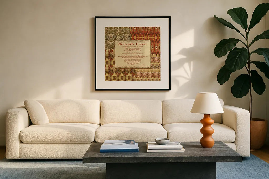 Mirage Words III Sq by Pela Studio. Displayed in a glass frame with matte in a clean modern living room. Available as an archival giclee rolled canvas, fine art paper, or poster print. SKU 28354a.
