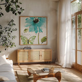 Morning Dew II by Pela Studio. Shown in a natural wood frame in a cozy modern living room. Available as an archival giclee rolled canvas, fine art paper, or poster print. SKU 8298a.