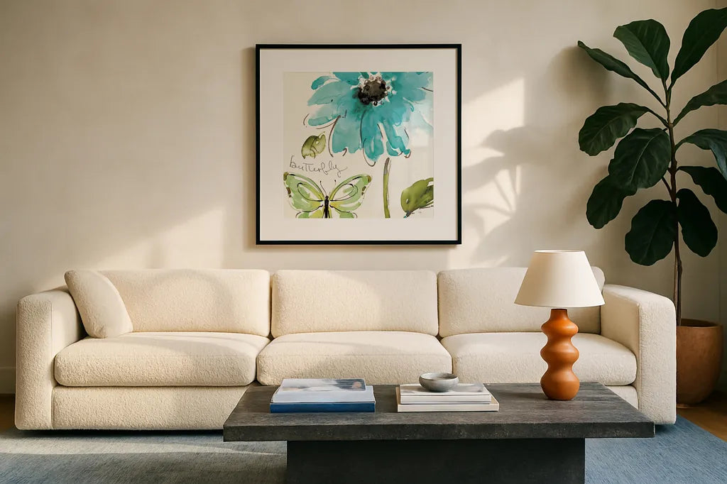 Morning Dew II by Pela Studio. Displayed in a glass frame with matte in a clean modern living room. Available as an archival giclee rolled canvas, fine art paper, or poster print. SKU 8298a.