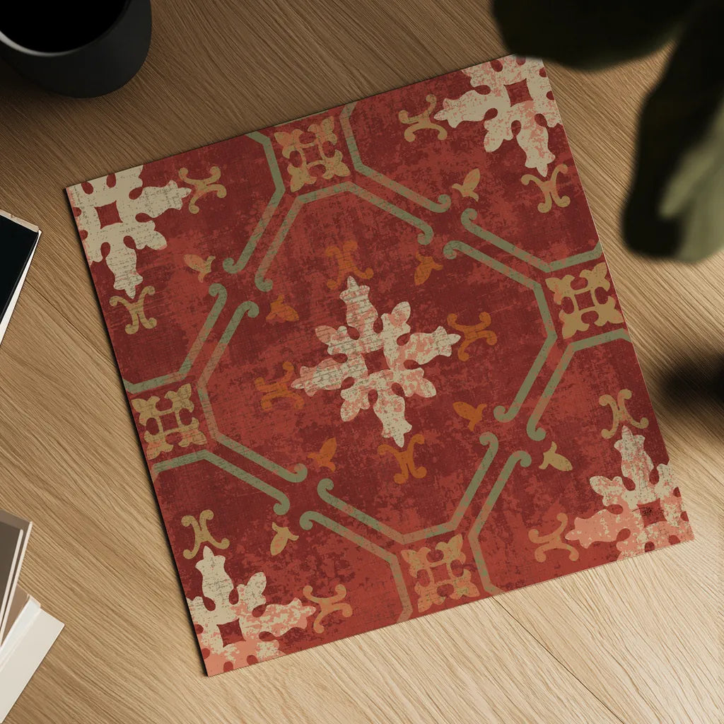 Moroccan Patchwork Red Tile I by Pela Studio. Shown as a detailed flat fine art print, highlighting archival giclee quality. Available as an archival giclee rolled canvas, fine art paper, or poster print. SKU 74286a.