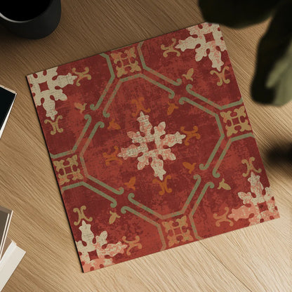 Moroccan Patchwork Red Tile I by Pela Studio. Shown as a detailed flat fine art print, highlighting archival giclee quality. Available as an archival giclee rolled canvas, fine art paper, or poster print. SKU 74286a.