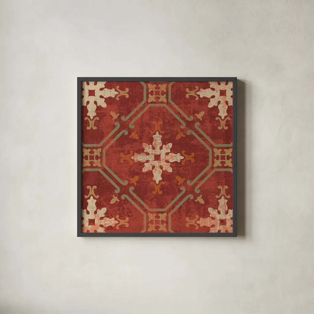 Moroccan Patchwork Red Tile I by Pela Studio. Shown in a sleek black glass frame for a contemporary gallery look. Available as an archival giclee rolled canvas, fine art paper, or poster print. SKU 74286a.
