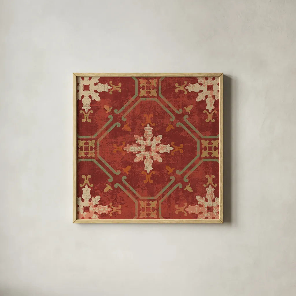 Moroccan Patchwork Red Tile I by Pela Studio. Shown in a natural wood glass frame for a timeless modern aesthetic. Available as an archival giclee rolled canvas, fine art paper, or poster print. SKU 74286a.