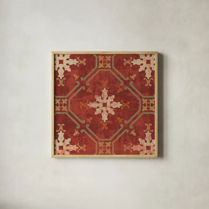 Moroccan Patchwork Red Tile I by Pela Studio. Shown in a natural wood glass frame for a timeless modern aesthetic. Available as an archival giclee rolled canvas, fine art paper, or poster print. SKU 74286a.