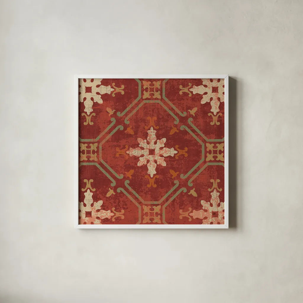 Moroccan Patchwork Red Tile I by Pela Studio. Shown in a crisp white glass frame for a clean and minimalist style. Available as an archival giclee rolled canvas, fine art paper, or poster print. SKU 74286a.