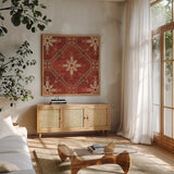 Moroccan Patchwork Red Tile I by Pela Studio. Shown in a natural wood frame in a cozy modern living room. Available as an archival giclee rolled canvas, fine art paper, or poster print. SKU 74286a.