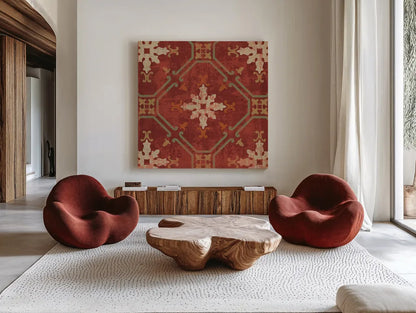Moroccan Patchwork Red Tile I by Pela Studio. Shown as extra-large giant wall art in a modern living room. Available as an archival giclee rolled canvas, fine art paper, or poster print. SKU 74286a.
