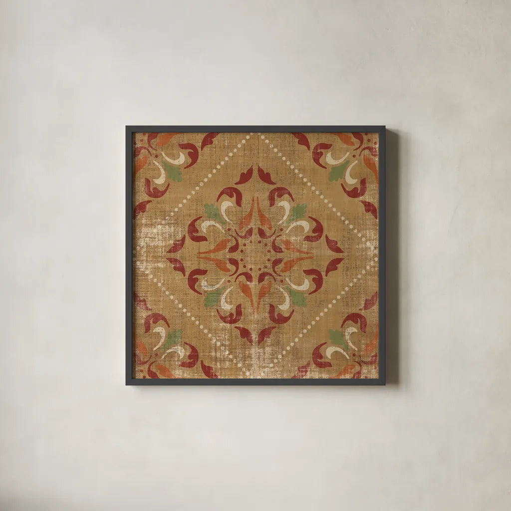 Moroccan Patchwork Red Tile II by Pela Studio. Shown in a sleek black glass frame for a contemporary gallery look. Available as an archival giclee rolled canvas, fine art paper, or poster print. SKU 74289a.