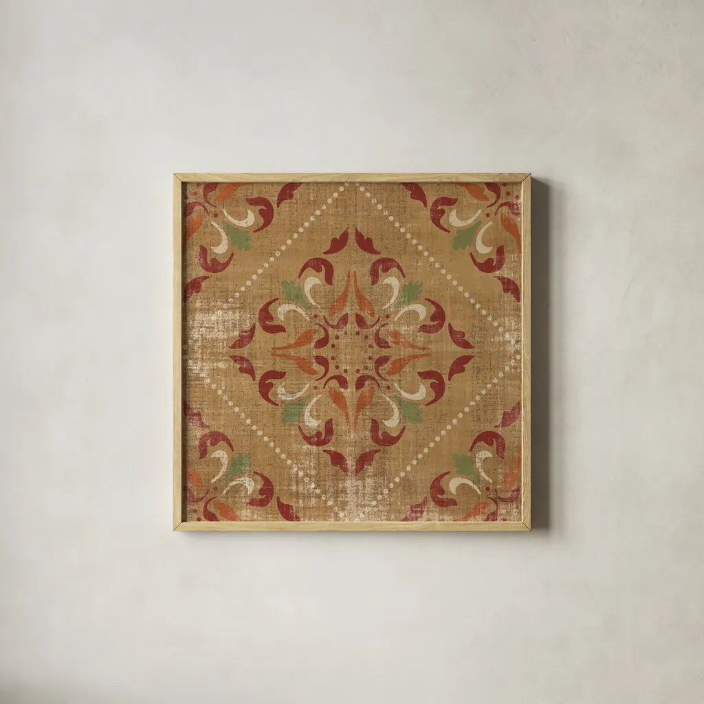 Moroccan Patchwork Red Tile II by Pela Studio. Shown in a natural wood glass frame for a timeless modern aesthetic. Available as an archival giclee rolled canvas, fine art paper, or poster print. SKU 74289a.